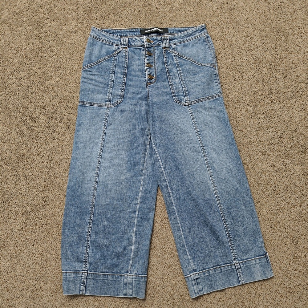 Karl Lagerfeld Paris Womens 12P Blue Wide Leg Crop Button Fly Jeans LQ5T2249 - Picture 2 of 15